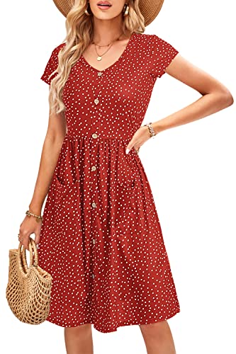 OUGES Sommerkleid Damen Kleider Kurzarm V-Ausschnitt Midi Kleid Knopfleiste Knielang Freizeitkleid mit Taschen(Rot Gepunktet 425,M) von OUGES