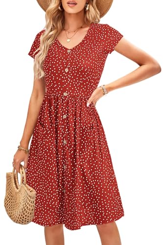 OUGES Sommerkleid Damen Kleider Kurzarm V-Ausschnitt Midi Kleid Knopfleiste Knielang Freizeitkleid mit Taschen(Rot Gepunktet 425,XXL) von OUGES