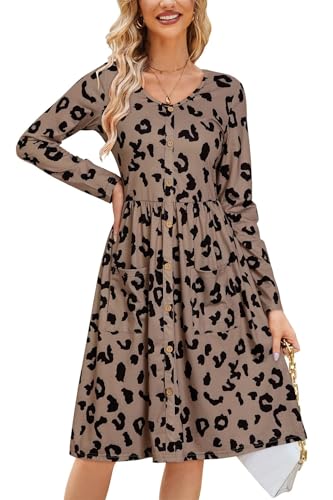 OUGES Winterkleid Damen Langarm Kleid V-Ausschnitt Midi Kleider Herbstkleid Knielang Freizeitkleid mit Taschen(Hellbrauner Leopard, M) von OUGES