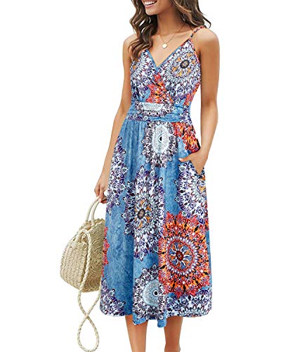 OUGES Sommerkleid Damen Knielang Kleider Sommer Spaghettiträger V-Ausschnitt Kleid Midikleid mit Taschen(FloralN-452, XL) von OUGES