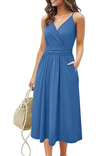 OUGES Sommerkleid Damen Knielang Kleider Sommer Spaghettiträger V-Ausschnitt Kleid Midikleid mit Taschen(Grau Blau,M) von OUGES