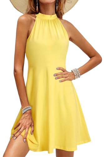 OUGES Sommerkleid Damen Knielang Neckholder Kleid Sommer Blumenmuster Elegant Cocktailkleid(Gelb,XL) von OUGES