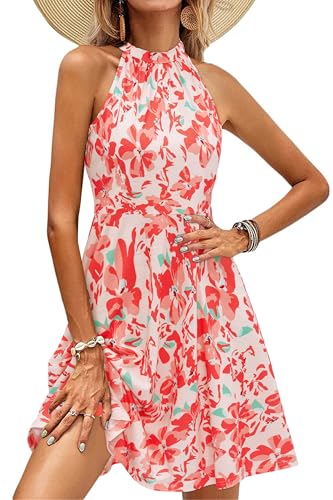 OUGES Sommerkleid Damen Knielang Neckholder Kleid Sommer Blumenmuster Elegant Cocktailkleid von OUGES