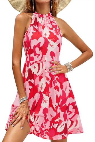 OUGES Sommerkleid Damen Knielang Neckholder kleid Sommer Blumenmuster Elegant Cocktailkleid von OUGES