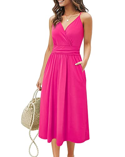 OUGES Sommerkleid Damen Knielang Kleider Sommer Spaghettiträger V-Ausschnitt Kleid mit Taschen(Rose,M) von OUGES