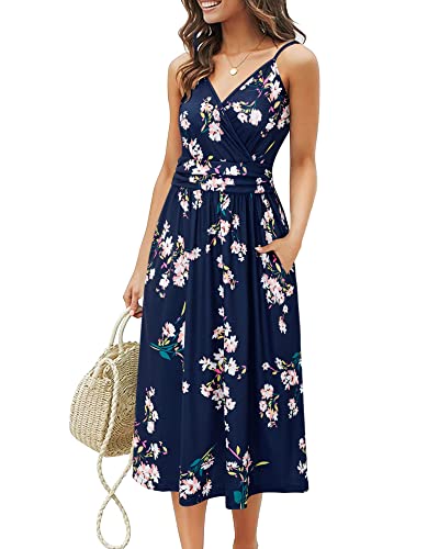 OUGES Sommerkleid Damen Knielang Kleider Sommer Spaghettiträger V-Ausschnitt Kleid mit Taschen(FloralR-452, S) von OUGES