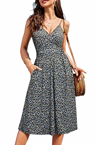 OUGES Sommerkleid Damen Knielang Kleider Sommer Spaghettiträger V-Ausschnitt Kleid mit Taschen(FloralZ01,L) von OUGES