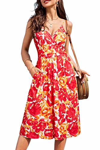 OUGES Sommerkleid Damen Knielang Kleider Sommer Spaghettiträger V-Ausschnitt Kleid Midikleid mit Taschen(FloralZ06,S) von OUGES