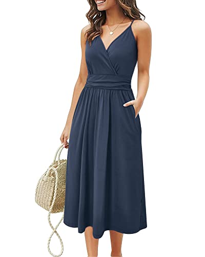 OUGES Sommerkleid Damen Knielang Kleider Sommer Spaghettiträger V-Ausschnitt Kleid Midikleid mit Taschen(Marine,L) von OUGES