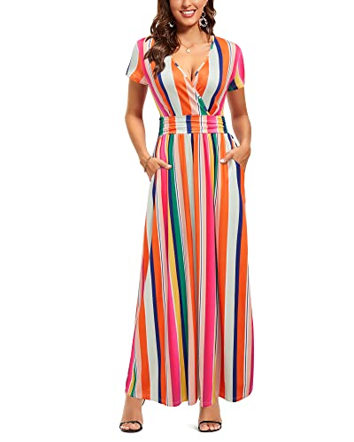 OUGES Sommerkleid Damen Kurzarm V-Ausschnitt Kleider Casual Boho Kleid Maxikleid mit Taschen Partykleid(Floral-34, S) von OUGES