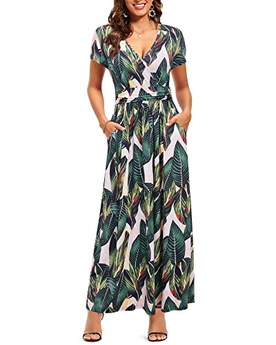 OUGES Sommerkleid Damen Kurzarm V-Ausschnitt Kleider Casual Boho Kleid Maxikleid mit Taschen Partykleid(Floral-29,XXL) von OUGES