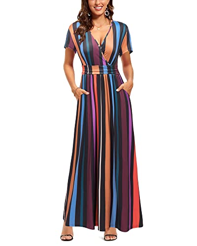 OUGES Sommerkleid Damen Kurzarm V-Ausschnitt Kleider Casual Boho Kleid Maxikleid mit Taschen Partykleid(Floral-41, XL) von OUGES