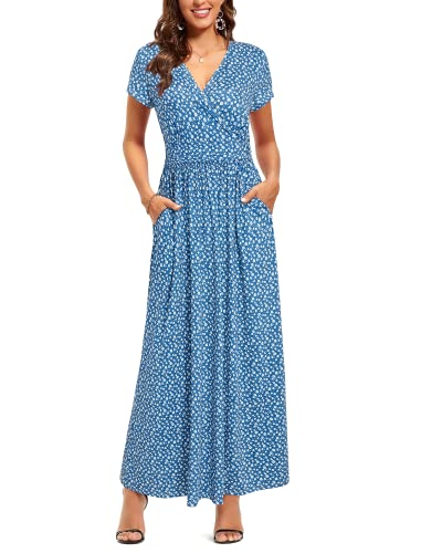 OUGES Sommerkleid Damen Kurzarm V-Ausschnitt Kleider Casual Boho Kleid Maxikleid mit Taschen Partykleid(Floral-51, XXL) von OUGES