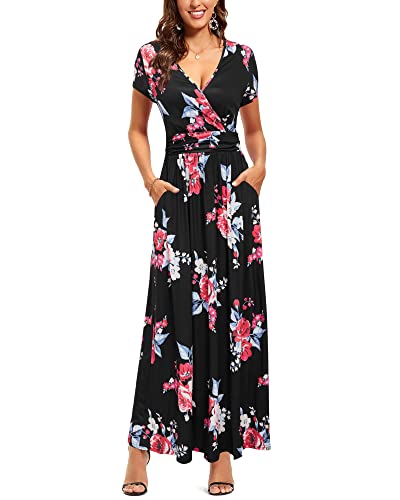 OUGES Sommerkleid Damen Kurzarm V-Ausschnitt Kleider Casual Boho Kleid Maxikleid mit Taschen(Floral-6, L) von OUGES