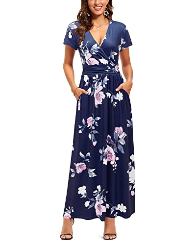 OUGES Sommerkleid Damen Kurzarm V-Ausschnitt Kleider Casual Boho Kleid Maxikleid mit Taschen Partykleid(Floral-C, S) von OUGES