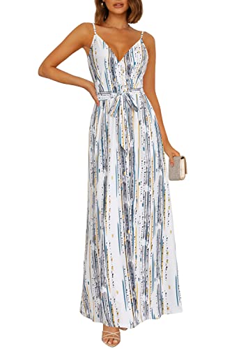 OUGES Sommerkleid Damen Lang Maxikleider V-Ausschnitt Kleider Ärmellos Blumenkleid Beiläufige Träger Rückenfreies Kleid Strandkleid Elegant Party Freizeitkleid Mit Taschen(Blumen30-OE442,L) von OUGES
