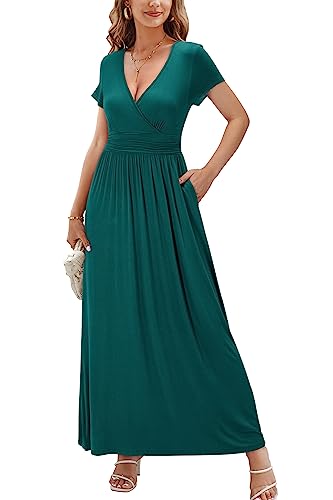 OUGES Sommerkleid Damen Kurzarm V-Ausschnitt Kleider Casual Boho Kleid Maxikleid mit Taschen Partykleid(Grün394, M) von OUGES