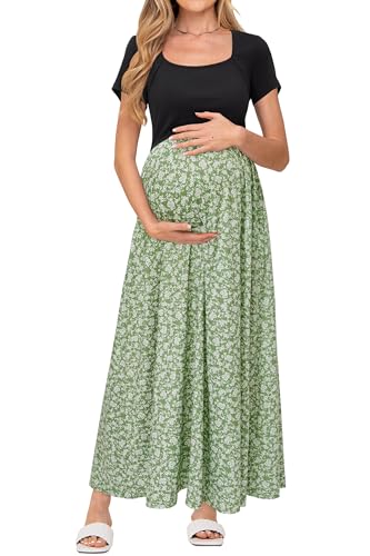 OUGES Sommerkleid Damen Lang Umstandskleid Maxikleid Elegant Kurzarm Stillkleid Sommer Kleid mit Taschen, L von OUGES