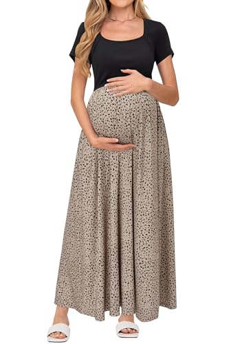 OUGES Sommerkleid Damen Lang Umstandskleid Maxikleid Elegant Kurzarm Stillkleid Sommer Kleid mit Taschen, XXL von OUGES