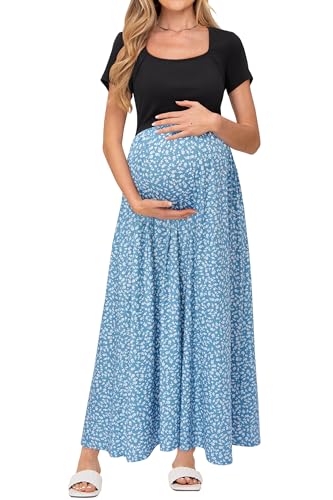 OUGES Sommerkleid Damen Lang Umstandskleid Maxikleid Elegant Kurzarm Stillkleid Sommer Kleid mit Taschen, M von OUGES