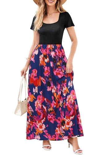 OUGES Sommerkleid Damen Lang Umstandskleid Maxikleid Elegant Kurzarm Stillkleid Sommer Kleid mit Taschen, XXL von OUGES