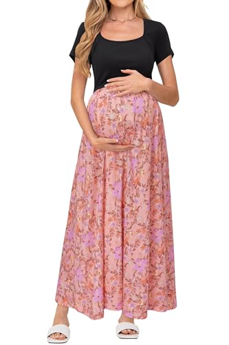 OUGES Sommerkleid Damen Lang Umstandskleid Maxikleid Elegant Kurzarm Stillkleid Sommer Kleid mit Taschen, XL von OUGES