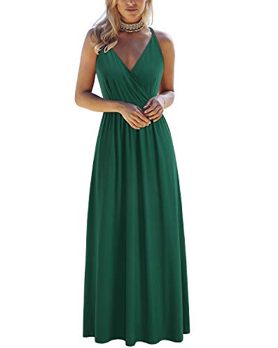 OUGES Sommerkleid Damen Lang Maxikleider V-Ausschnitt Kleider Ärmellos Träger Grün Kleid Strandkleid Freizeitkleid Mit Taschen(Grün-OE629,S) von OUGES