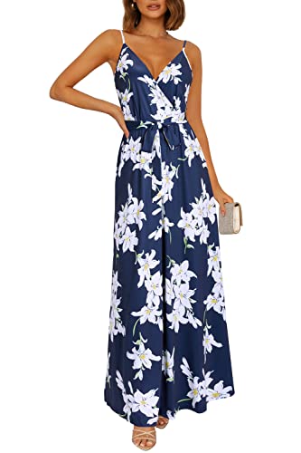 OUGES Keider Damen Sommer Lang Maxikleider Eleganrt V-Ausschnitt Spaghettiträger Kleid Blumenkleid Strandkleid Freizeitkleid Mit Taschen(Blumen03-OE442,M) von OUGES