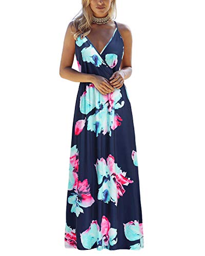 OUGES Sommerkleid Damen Lang Maxikleider V-Ausschnitt Kleider Ärmellos Blumenkleid Beiläufige Träger Rückenfreies Kleid Strandkleid Elegant Party Freizeitkleid Mit Taschen(Blumen06-OE442,L) von OUGES