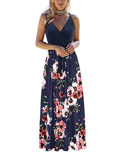 OUGES Sommerkleid Damen Lang Maxikleider V-Ausschnitt Kleider Ärmellos Blumenkleid Beiläufige Rückenfreies Kleid Strandkleid Elegant Party Freizeitkleid Mit Taschen(Floral-a-oe628,M) von OUGES