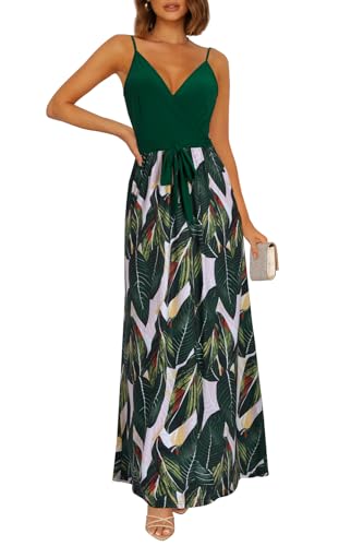 OUGES Sommerkleid Damen Lang Maxikleider V-Ausschnitt Kleider Ärmellos Blumenkleid Beiläufige Rückenfreies Kleid Strandkleid Elegant Party Freizeitkleid Mit Taschen(Floral-c-oe628,M) von OUGES