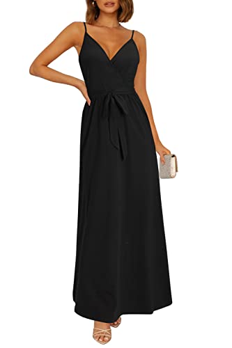 OUGES Sommerkleid Damen Lang Maxikleider V-Ausschnitt Kleider Ärmellos Beiläufige Träger Rückenfreies Kleid Strandkleid Elegant Party Freizeitkleid Mit Taschen(Schwarz-OE629,M) von OUGES