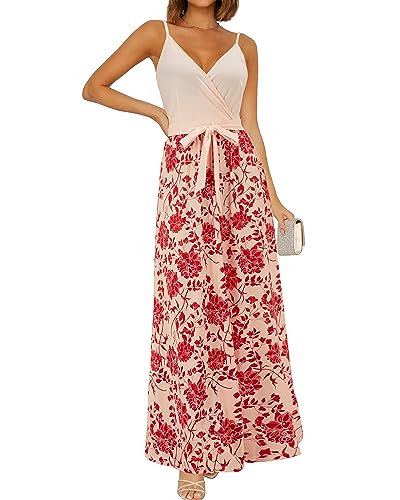 OUGES Sommerkleid Damen Lang Maxikleider V-Ausschnitt Kleider Ärmellos Blumenkleid Beiläufige Träger Rückenfreies Kleid Strandkleid Elegant Party Freizeitkleid Mit Taschen(Floral-628P,M) von OUGES