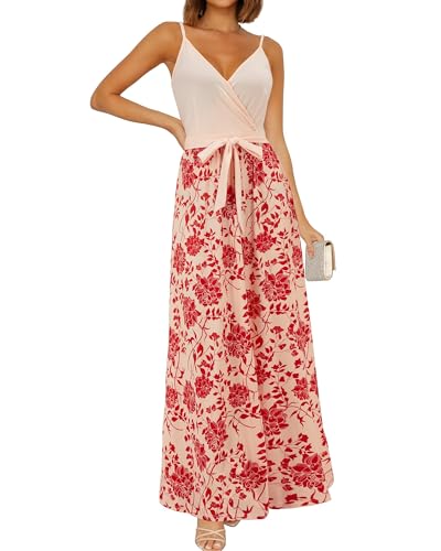 OUGES Sommerkleid Damen Lang Maxikleider V-Ausschnitt Kleider Ärmellos Blumenkleid Beiläufige Träger Rückenfreies Kleid Strandkleid Elegant Party Freizeitkleid Mit Taschen(Floral-628p,M) von OUGES