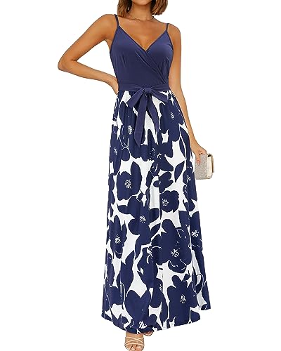 OUGES Sommerkleid Damen Lang Maxikleider V-Ausschnitt Kleider Ärmellos Blumenkleid Beiläufige Träger Rückenfreies Kleid Strandkleid Elegant Party Freizeitkleid Mit Taschen(Floral-628q,L) von OUGES