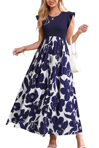 OUGES Sommerkleid Damen Lang Rüschen Maxikleid Elegant Sommer Kleid mit Taschen(Floral D,M) von OUGES