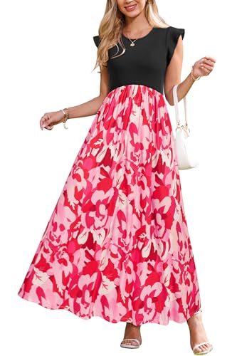 OUGES Sommerkleid Damen Lang Rüschen Maxikleid Elegant Sommer Kleid mit Taschen(Floral F,L) von OUGES