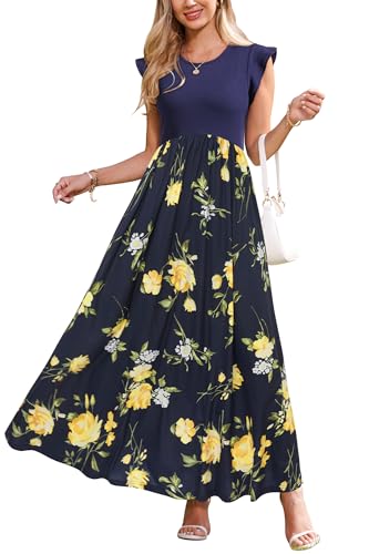 OUGES Sommerkleid Damen Lang Rüschen Maxikleid Elegant Sommer Kleid mit Taschen(Floral I,M) von OUGES