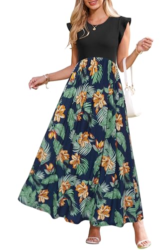 OUGES Sommerkleid Damen Lang Rüschen Maxikleid Elegant Sommer Kleid mit Taschen(Floral J,S) von OUGES