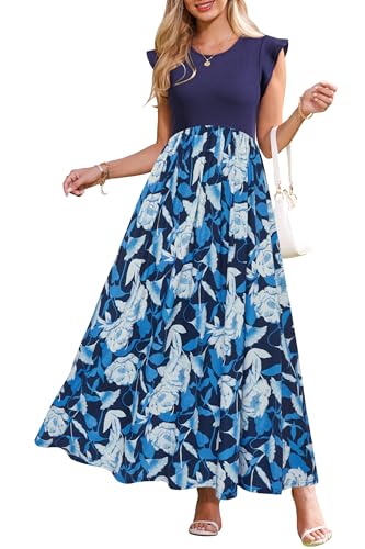 OUGES Sommerkleid Damen Lang Rüschen Maxikleid Elegant Sommer Kleid mit Taschen(Floral K,L) von OUGES