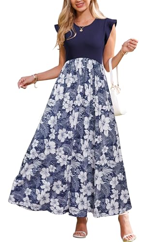 OUGES Sommerkleid Damen Lang Rüschen Maxikleid Elegant Sommer Kleid mit Taschen(Floral L,M) von OUGES