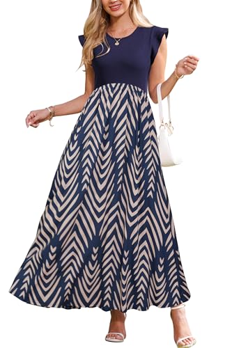 OUGES Sommerkleid Damen Lang Rüschen Maxikleid Elegant Sommer Kleid mit Taschen(Floral M,M) von OUGES
