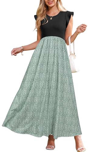 OUGES Sommerkleid Damen Lang Rüschen Maxikleid Elegant Sommer Kleid mit Taschen(Floral N,L) von OUGES