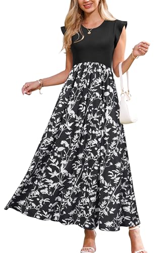 OUGES Sommerkleid Damen Lang Rüschen Maxikleid Elegant Sommer Kleid mit Taschen(Floral S,XL) von OUGES
