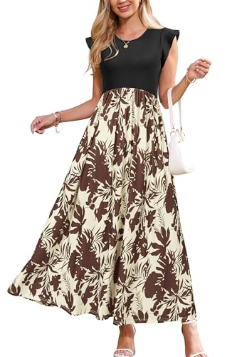 OUGES Sommerkleid Damen Lang Rüschen Maxikleid Elegant Sommer Kleid mit Taschen(Floral T,XL) von OUGES