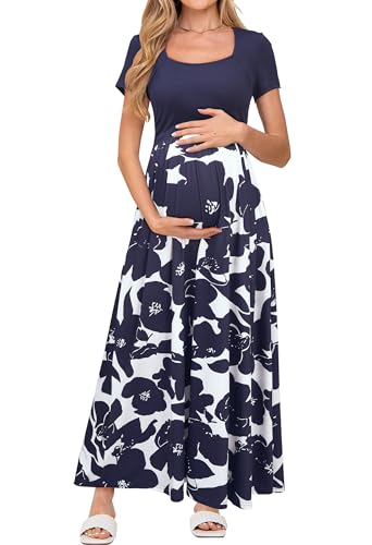 OUGES Sommerkleid Damen Lang Umstandskleid Maxikleid Elegant Kurzarm Stillkleid Sommer Kleid mit Taschen, L von OUGES