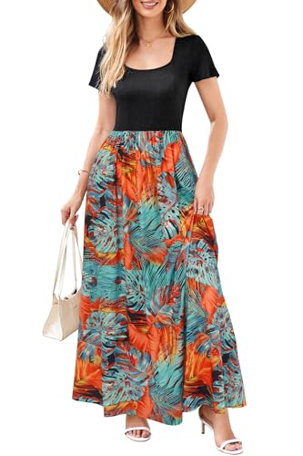 OUGES Sommerkleid Damen Lang Umstandskleid Maxikleid Elegant Kurzarm Stillkleid Sommer Kleid mit Taschen, S von OUGES