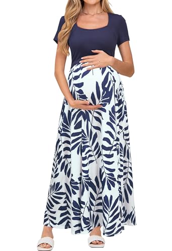 OUGES Sommerkleid Damen Lang Umstandskleid Maxikleid Elegant Kurzarm Stillkleid Sommer Kleid mit Taschen, S von OUGES