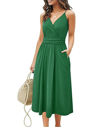 OUGES Sommerkleid Damen Knielang Kleider Sommer Spaghettiträger V-Ausschnitt Kleid Midikleid mit Taschen(Schwarzes Grün,L) von OUGES