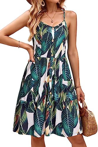 OUGES Sommerkleid Damen V-Ausschnitt Ärmellos Kleider Spaghettiträger Knielang Blumenmuster Freizeitkleid Knopfleiste Kleid mit Taschen(Floral13,XL) von OUGES